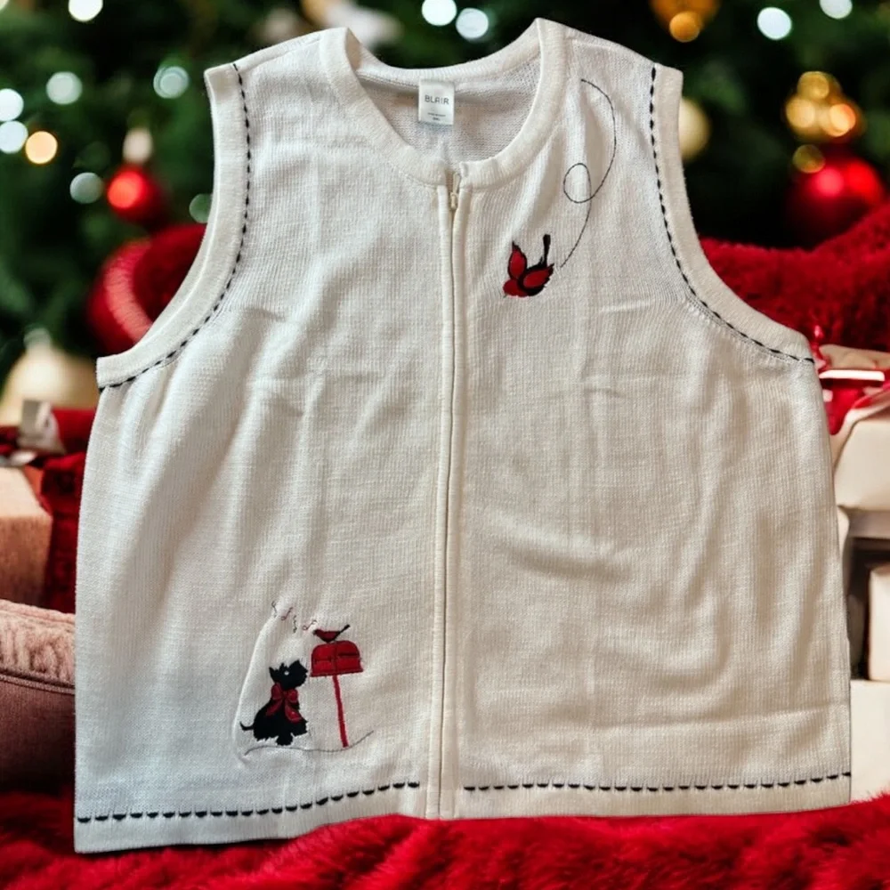 Blair 3XL White Knit Vest‎ with Dog and Bird Embroidery Zip Front